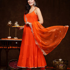 Stylum Women's Orange Solid Rayon Tiered Kurta Pant Dupatta Set (KPDORANGEBAR)