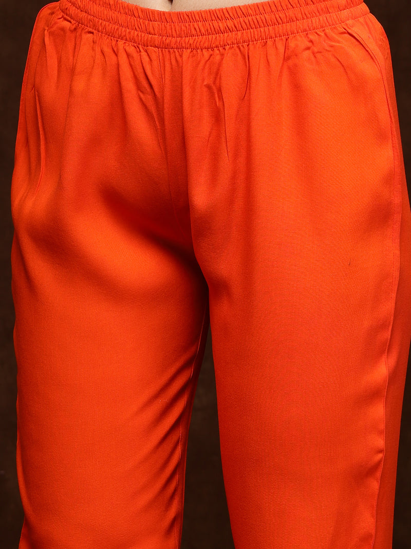 Stylum Women's Orange Solid Rayon Tiered Kurta Pant Dupatta Set (KPDORANGEBAR)