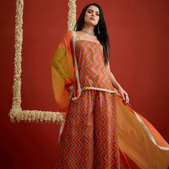 Stylum Women's Orange Chevron Printed Rayon Sleeveless Straight Short Kurti Palazzo Dupatta Set (KPDORANGEZIPPY)