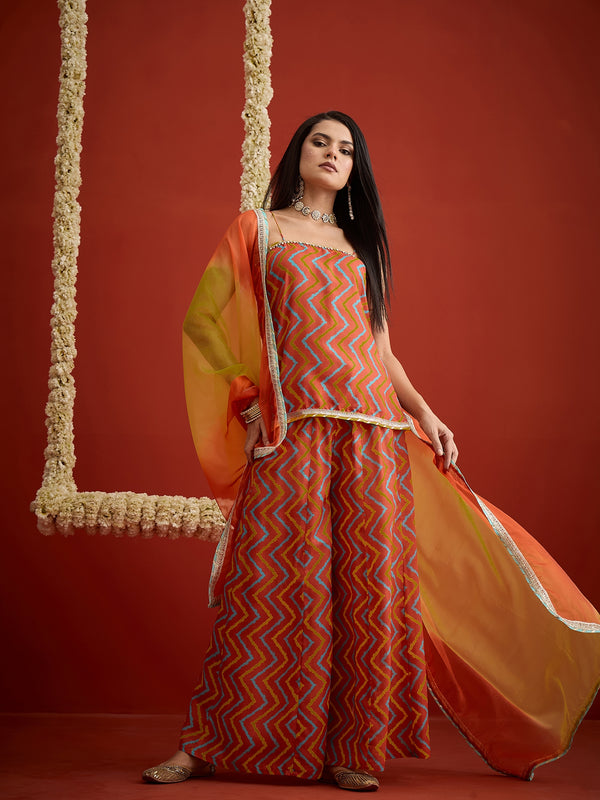 Stylum Women's Orange Chevron Printed Rayon Sleeveless Straight Short Kurti Palazzo Dupatta Set (KPDORANGEZIPPY)