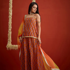 Stylum Women's Orange Chevron Printed Rayon Sleeveless Straight Short Kurti Palazzo Dupatta Set (KPDORANGEZIPPY)