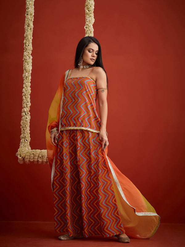 Stylum Women's Orange Chevron Printed Rayon Sleeveless Straight Short Kurti Palazzo Dupatta Set (KPDORANGEZIPPY)