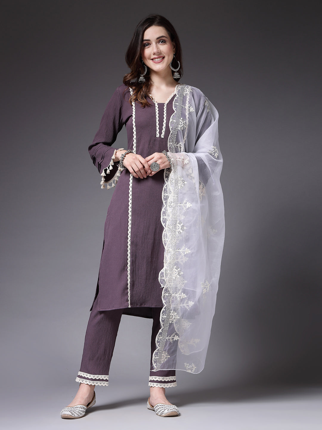 Stylum Women's Solid & Embellished Silk Crepe Straight Kurta Pant Dupatta Set (KPDPAKIJA)