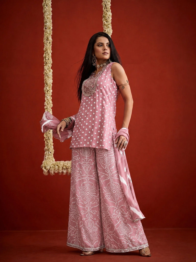 Stylum Women's Peach Bandhej Printed & Embroidered Rayon Straight Short Kurti Palazzo Dupatta Set (KPDPEACHGOKU)