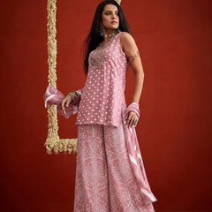 Stylum Women's Peach Bandhej Printed & Embroidered Rayon Straight Short Kurti Palazzo Dupatta Set (KPDPEACHGOKU)