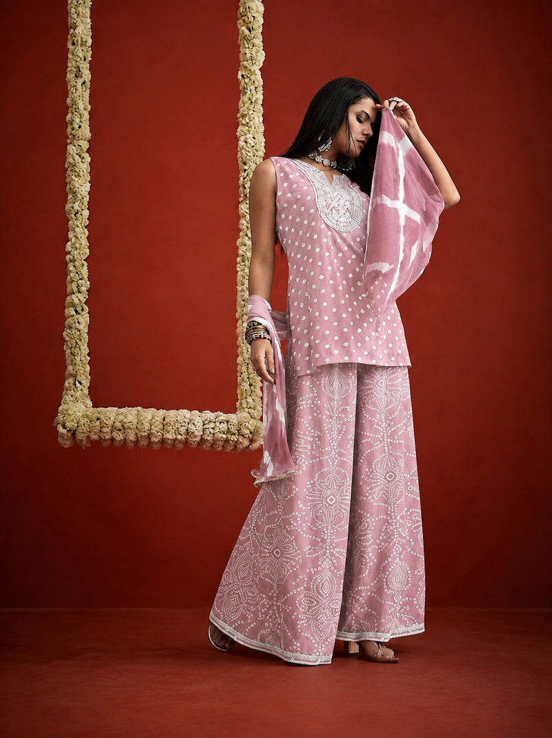 Stylum Women's Peach Bandhej Printed & Embroidered Rayon Straight Short Kurti Palazzo Dupatta Set (KPDPEACHGOKU)