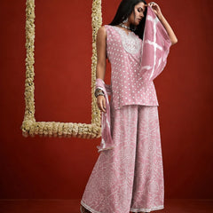 Stylum Women's Peach Bandhej Printed & Embroidered Rayon Straight Short Kurti Palazzo Dupatta Set (KPDPEACHGOKU)