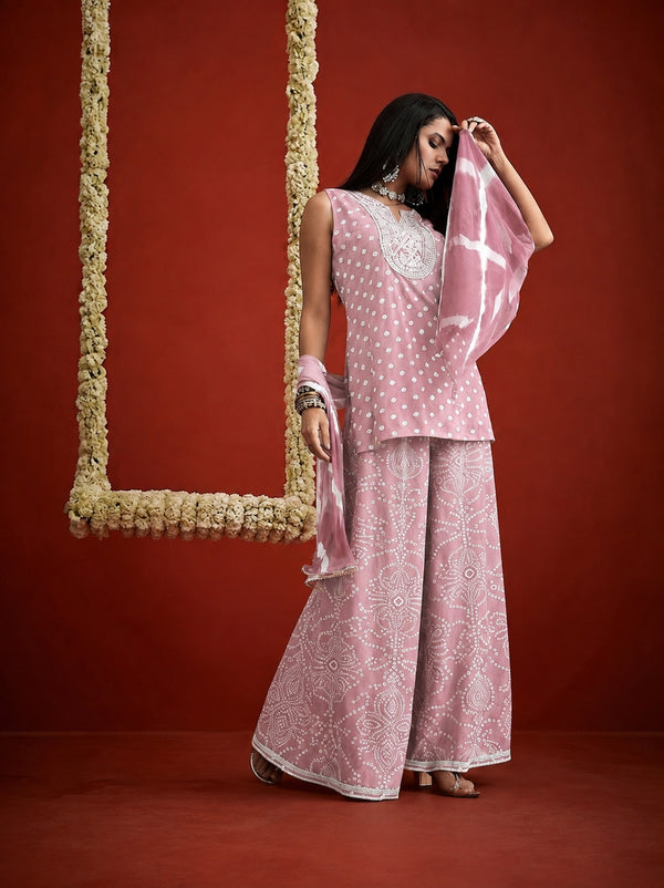 Stylum Women's Peach Bandhej Printed & Embroidered Rayon Straight Short Kurti Palazzo Dupatta Set (KPDPEACHGOKU)