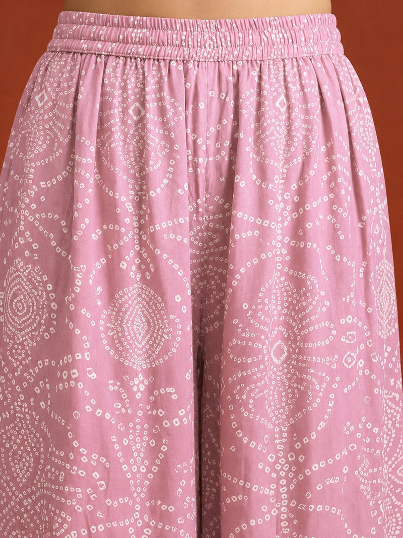 Stylum Women's Peach Bandhej Printed & Embroidered Rayon Straight Short Kurti Palazzo Dupatta Set (KPDPEACHGOKU)