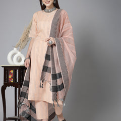 Stylum Women's Woven Design Cotton Blend Straight Kurta Pant Dupatta Set (KPDPEACHURBAN)