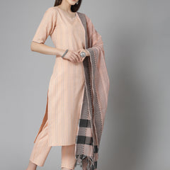 Stylum Women's Woven Design Cotton Blend Straight Kurta Pant Dupatta Set (KPDPEACHURBAN)