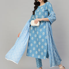 Stylum Women's Printed Rayon Kurta Pant Dupatta Set (KPDPEPSIBLUE)