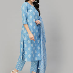Stylum Women's Printed Rayon Kurta Pant Dupatta Set (KPDPEPSIBLUE)