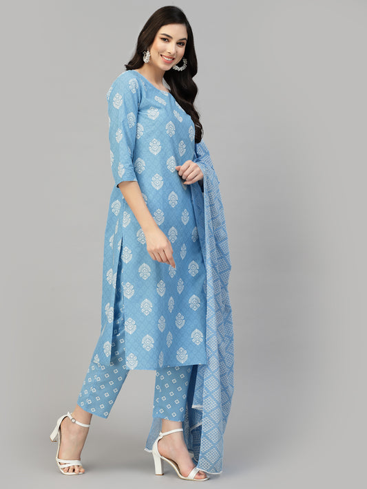 Stylum Women's Printed Rayon Kurta Pant Dupatta Set (KPDPEPSIBLUE)