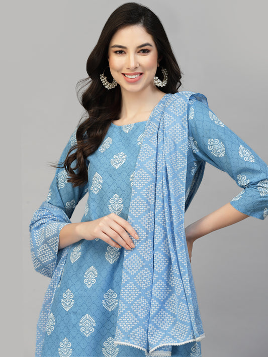 Stylum Women's Printed Rayon Kurta Pant Dupatta Set (KPDPEPSIBLUE)