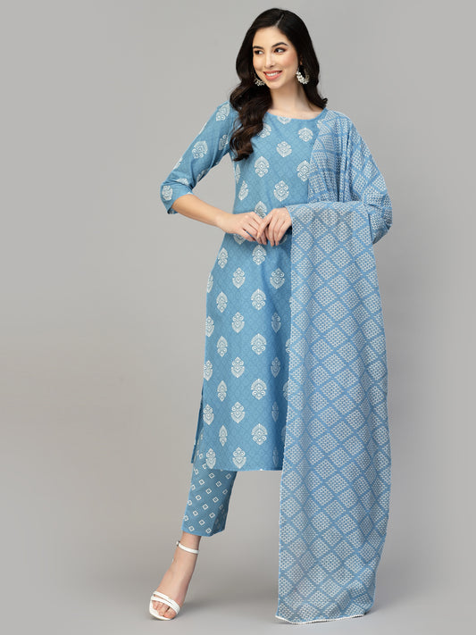 Stylum Women's Printed Rayon Kurta Pant Dupatta Set (KPDPEPSIBLUE)