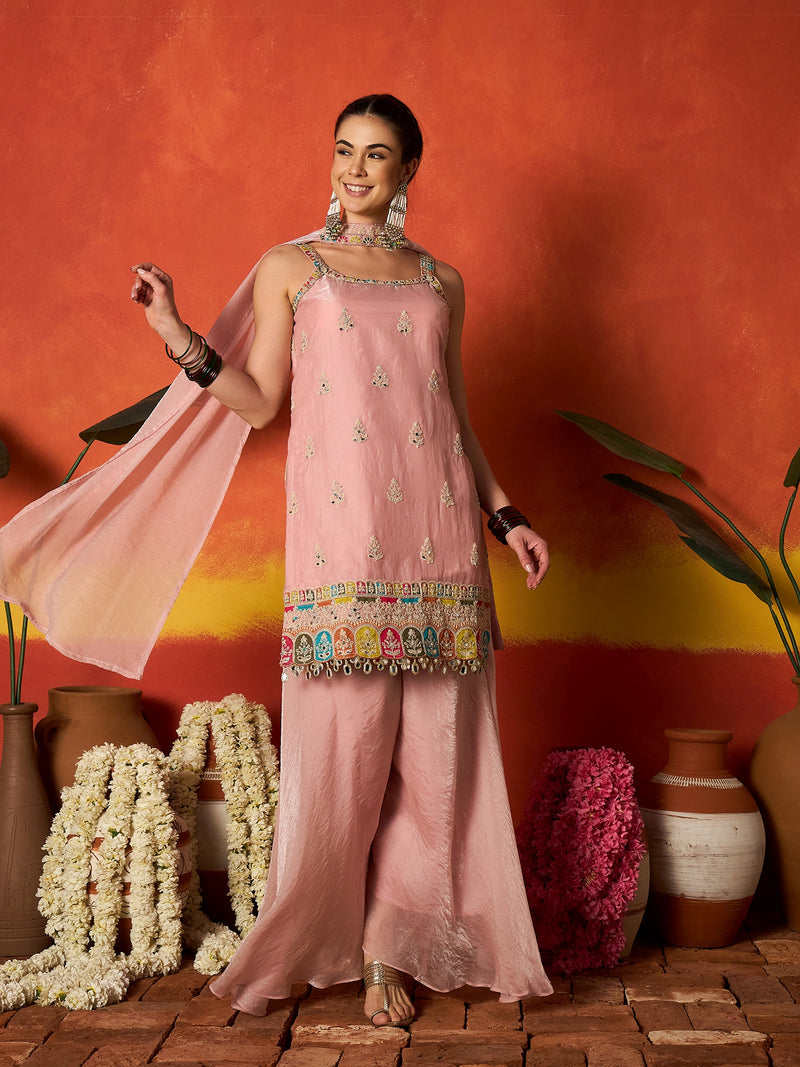 Stylum Women's Pink Solid & Embroidered Organza Straight Kurti Palazzo With Dupatta (KPDPINKAAMNA)