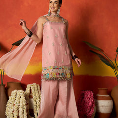 Stylum Women's Pink Solid & Embroidered Organza Straight Kurti Palazzo With Dupatta (KPDPINKAAMNA)