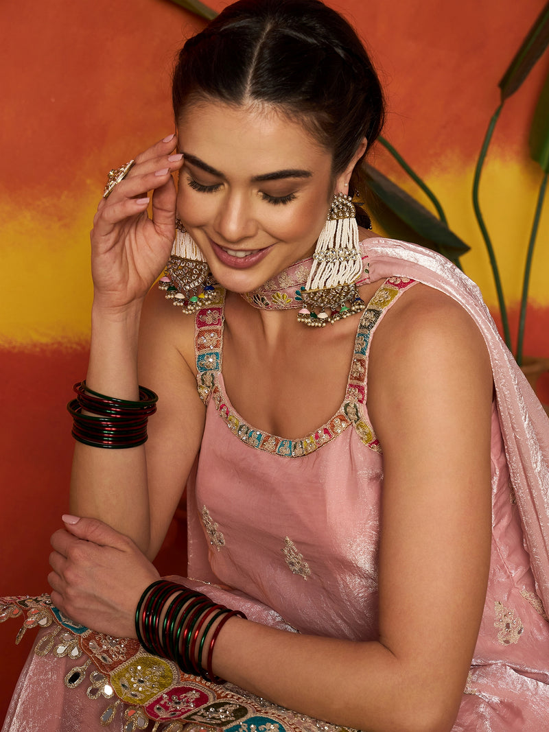 Stylum Women's Pink Solid & Embroidered Organza Straight Kurti Palazzo With Dupatta (KPDPINKAAMNA)