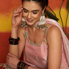 Stylum Women's Pink Solid & Embroidered Organza Straight Kurti Palazzo With Dupatta (KPDPINKAAMNA)