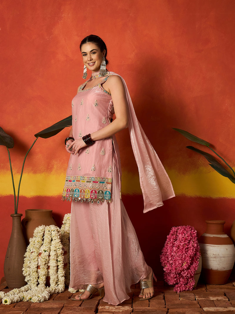 Stylum Women's Pink Solid & Embroidered Organza Straight Kurti Palazzo With Dupatta (KPDPINKAAMNA)