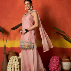 Stylum Women's Pink Solid & Embroidered Organza Straight Kurti Palazzo With Dupatta (KPDPINKAAMNA)