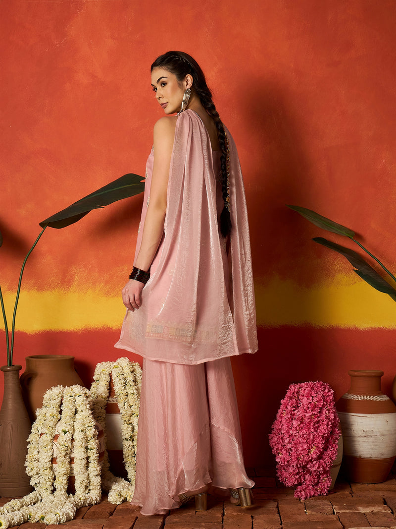 Stylum Women's Pink Solid & Embroidered Organza Straight Kurti Palazzo With Dupatta (KPDPINKAAMNA)