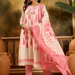 Stylum Women's Pink Ethnic Printed Cotton Anarkali Kurta Pant Dupatta Set (KPDPINKALORA)