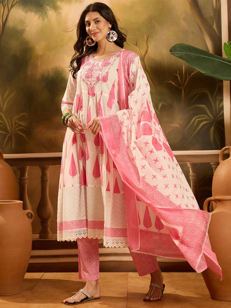 Stylum Women's Pink Ethnic Printed Cotton Anarkali Kurta Pant Dupatta Set (KPDPINKALORA)