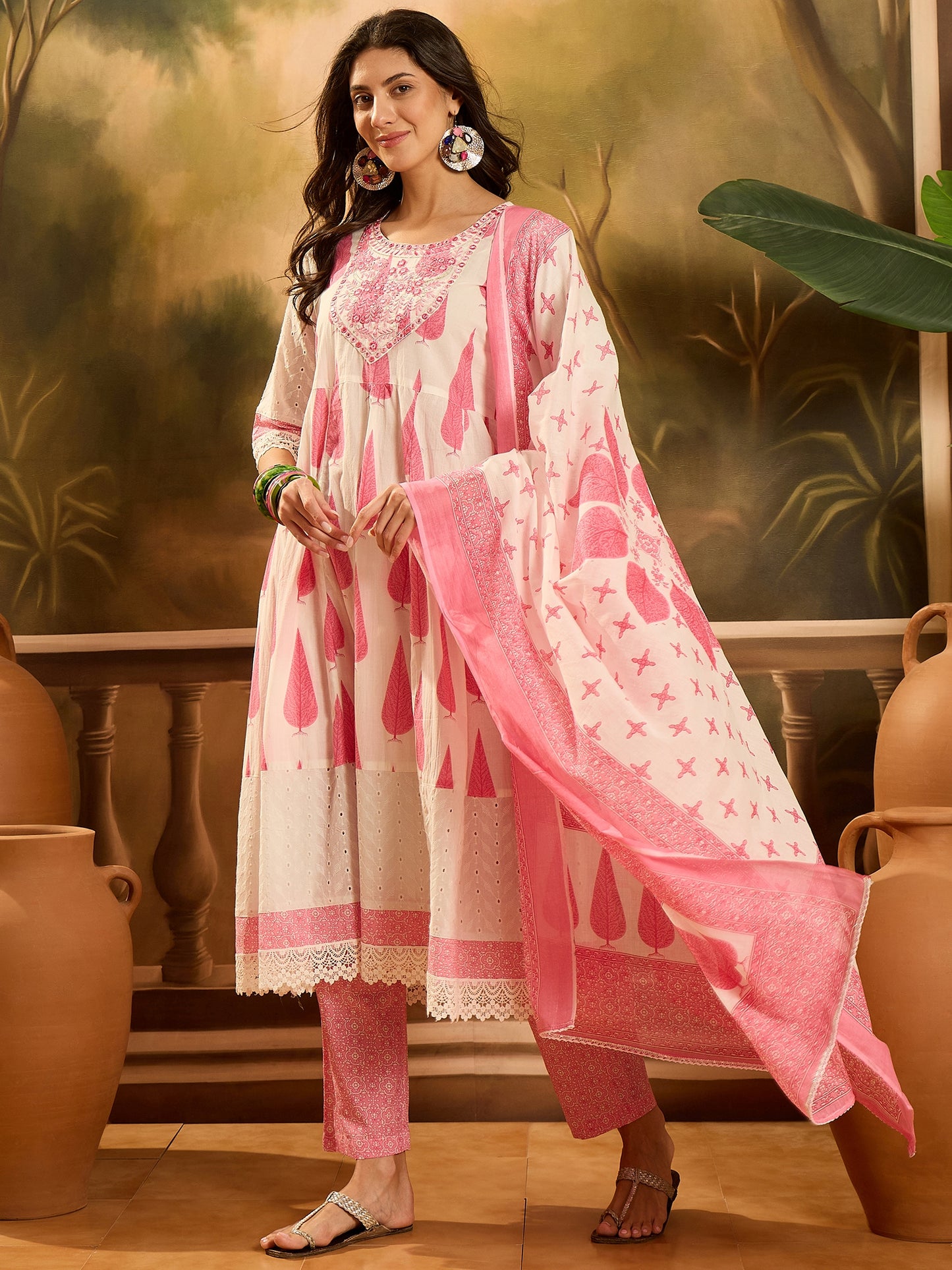 Stylum Women's Pink Ethnic Printed Cotton Anarkali Kurta Pant Dupatta Set (KPDPINKALORA)
