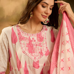 Stylum Women's Pink Ethnic Printed Cotton Anarkali Kurta Pant Dupatta Set (KPDPINKALORA)