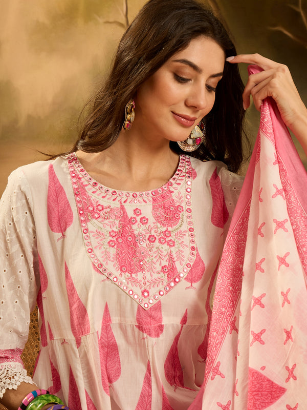 Stylum Women's Pink Ethnic Printed Cotton Anarkali Kurta Pant Dupatta Set (KPDPINKALORA)