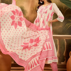 Stylum Women's Pink Ethnic Printed Cotton Anarkali Kurta Pant Dupatta Set (KPDPINKALORA)
