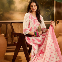 Stylum Women's Pink Ethnic Printed Cotton Anarkali Kurta Pant Dupatta Set (KPDPINKALORA)