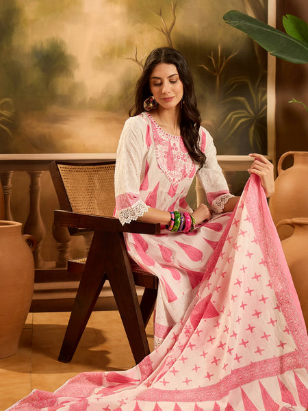 Stylum Women's Pink Ethnic Printed Cotton Anarkali Kurta Pant Dupatta Set (KPDPINKALORA)