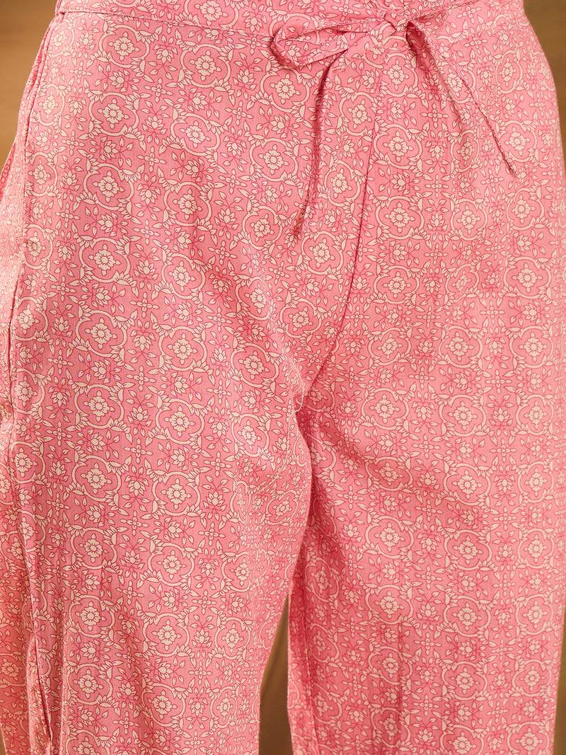 Stylum Women's Pink Ethnic Printed Cotton Anarkali Kurta Pant Dupatta Set (KPDPINKALORA)