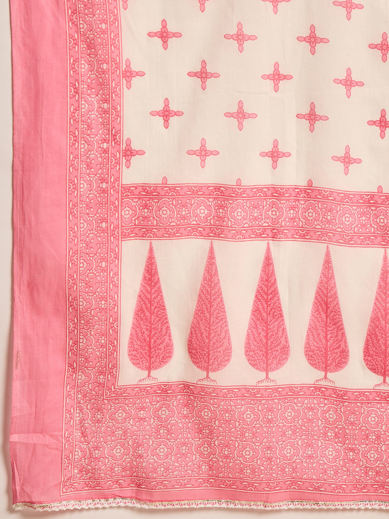 Stylum Women's Pink Ethnic Printed Cotton Anarkali Kurta Pant Dupatta Set (KPDPINKALORA)