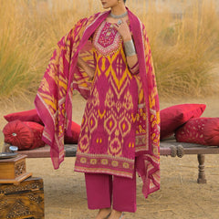 Stylum Women's Pink Ikat Printed Cotton Straight Kurta Pant Dupatta Set (KPDPINKAZOTRE)