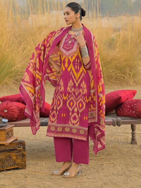 Stylum Women's Pink Ikat Printed Cotton Straight Kurta Pant Dupatta Set (KPDPINKAZOTRE)