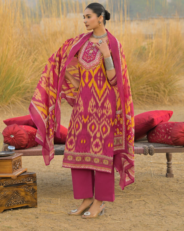 Stylum Women's Pink Ikat Printed Cotton Straight Kurta Pant Dupatta Set (KPDPINKAZOTRE)
