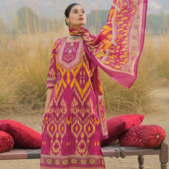 Stylum Women's Pink Ikat Printed Cotton Straight Kurta Pant Dupatta Set (KPDPINKAZOTRE)
