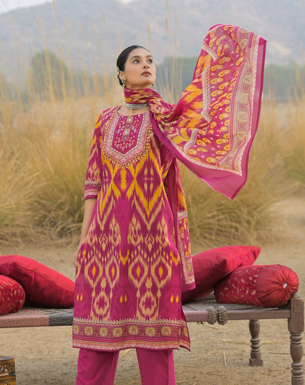 Stylum Women's Pink Ikat Printed Cotton Straight Kurta Pant Dupatta Set (KPDPINKAZOTRE)