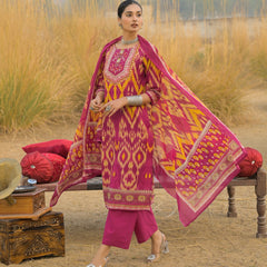 Stylum Women's Pink Ikat Printed Cotton Straight Kurta Pant Dupatta Set (KPDPINKAZOTRE)