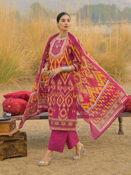 Stylum Women's Pink Ikat Printed Cotton Straight Kurta Pant Dupatta Set (KPDPINKAZOTRE)