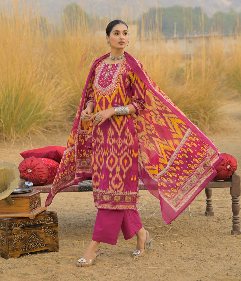 Stylum Women's Pink Ikat Printed Cotton Straight Kurta Pant Dupatta Set (KPDPINKAZOTRE)