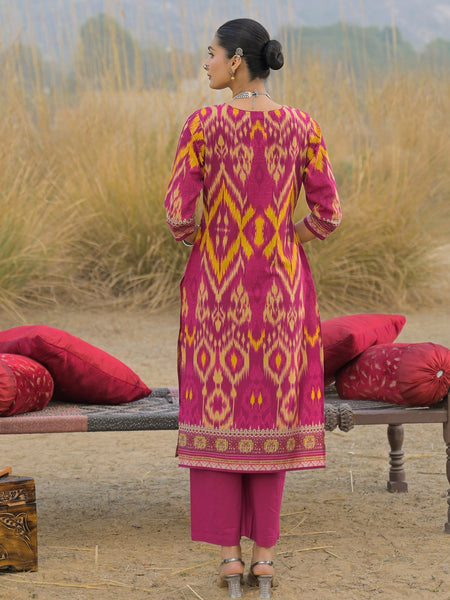 Stylum Women's Pink Ikat Printed Cotton Straight Kurta Pant Dupatta Set (KPDPINKAZOTRE)