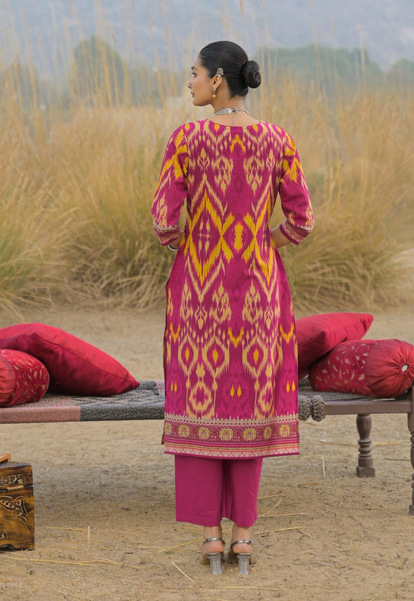 Stylum Women's Pink Ikat Printed Cotton Straight Kurta Pant Dupatta Set (KPDPINKAZOTRE)