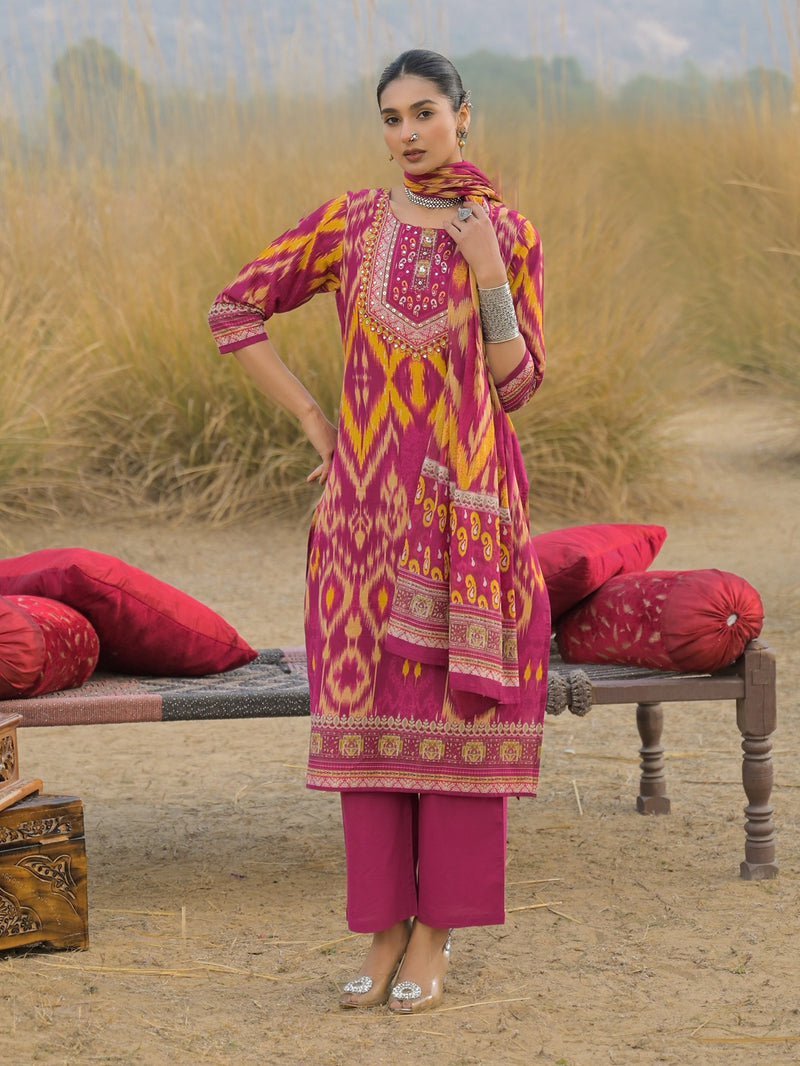 Stylum Women's Pink Ikat Printed Cotton Straight Kurta Pant Dupatta Set (KPDPINKAZOTRE)
