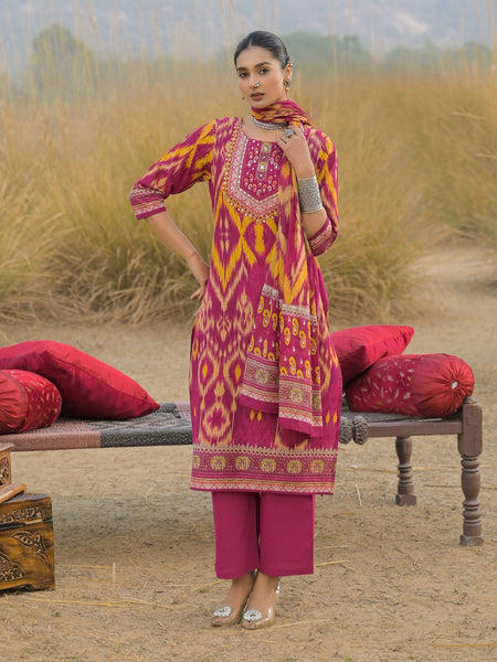 Stylum Women's Pink Ikat Printed Cotton Straight Kurta Pant Dupatta Set (KPDPINKAZOTRE)