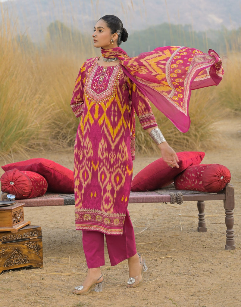 Stylum Women's Pink Ikat Printed Cotton Straight Kurta Pant Dupatta Set (KPDPINKAZOTRE)